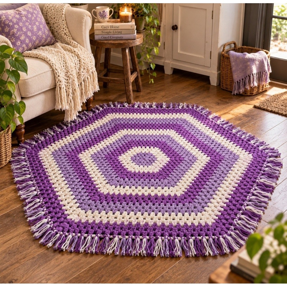 Vintage Handmade Purple White Hexagon Crochet Grannycore Fringe Rug 62"